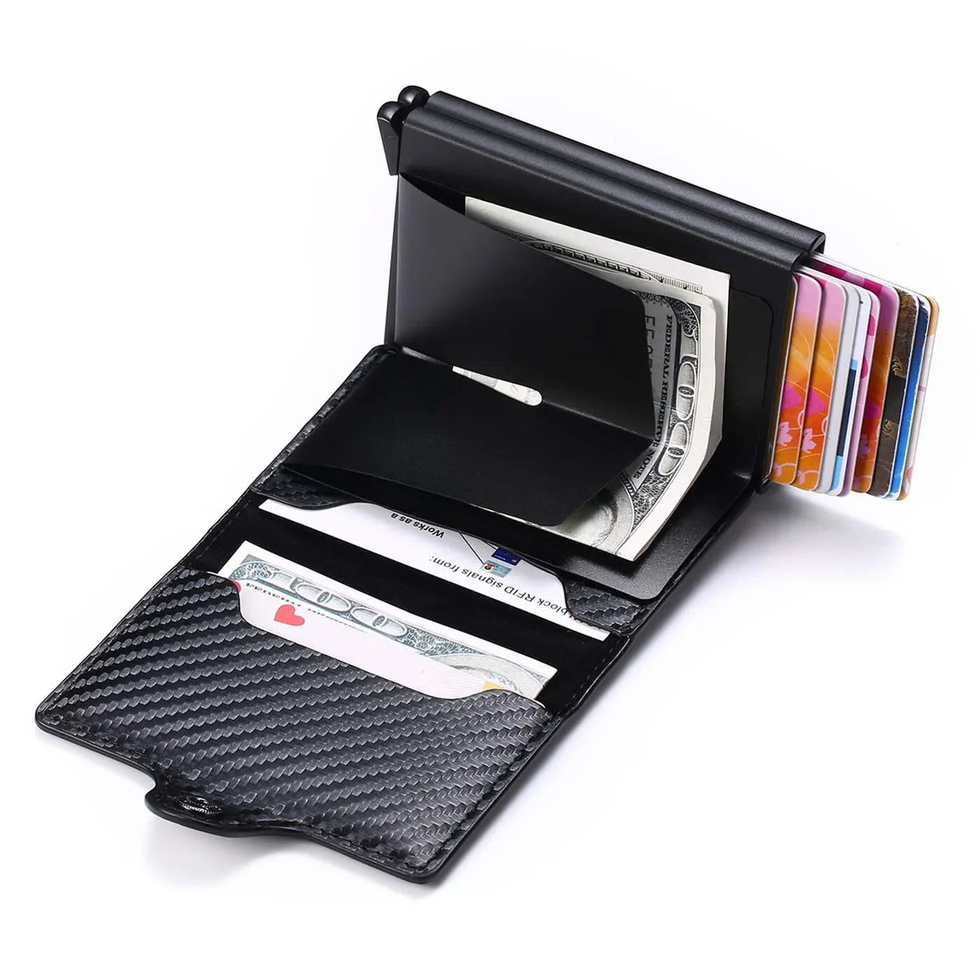 TARJETERO DE CUERO SINTETICO/ METAL CON BLOQUEO RFID, PARA 14 TARJETAS